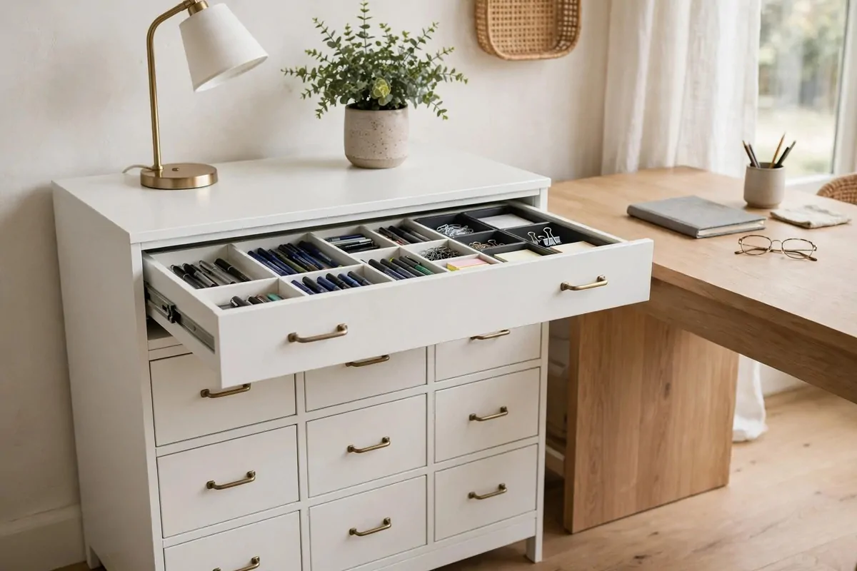 White ALEX nine-drawer unit beside a desk holding stationery trays
