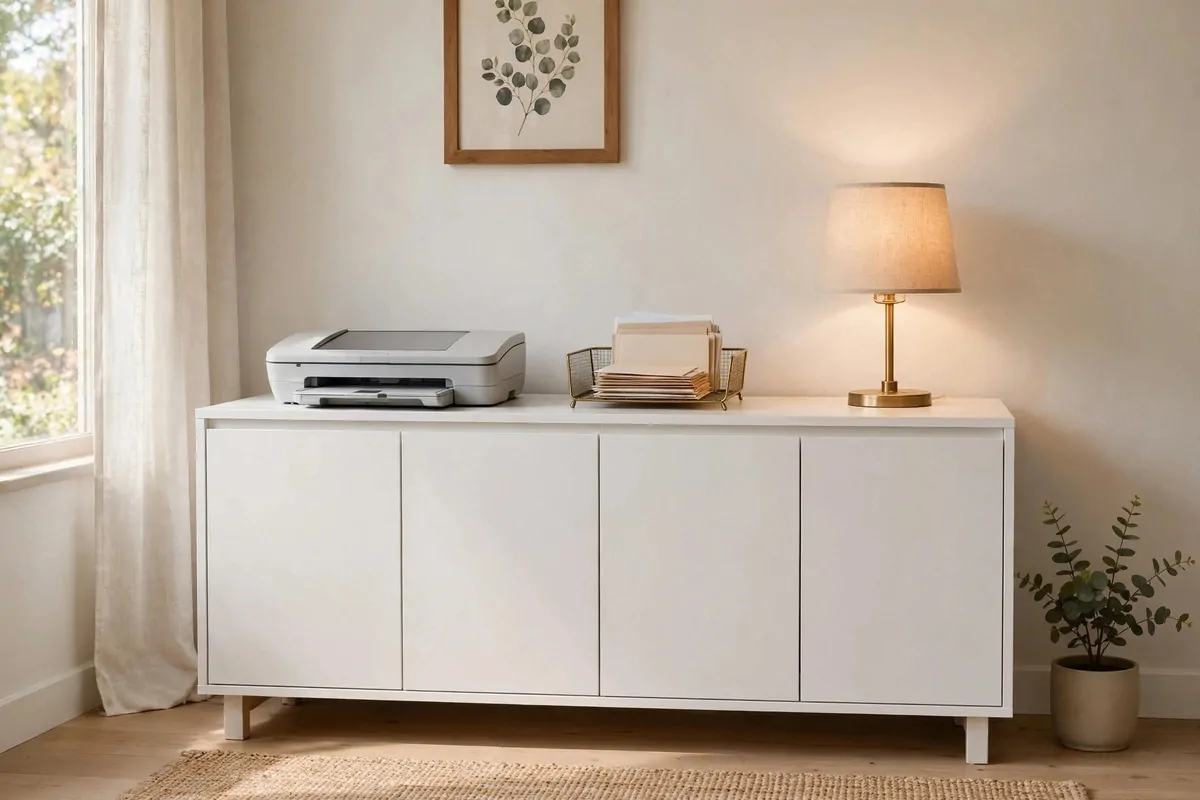 White BESTA cabinets with closed doors storing office supplies and boxes