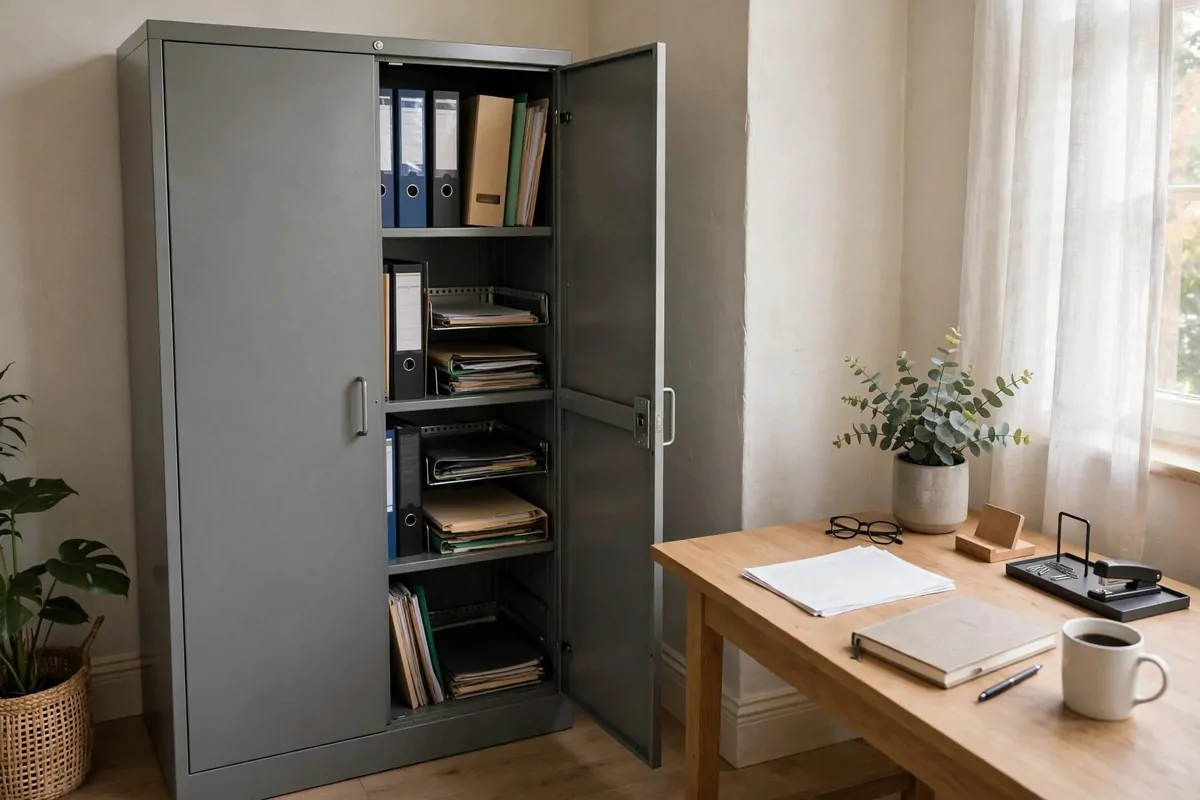 Gray TROTTEN office cabinet with sliding doors beside a workspace