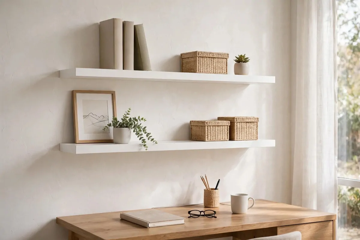 Two white LACK floating shelves above a desk with books, boxes and a small plant