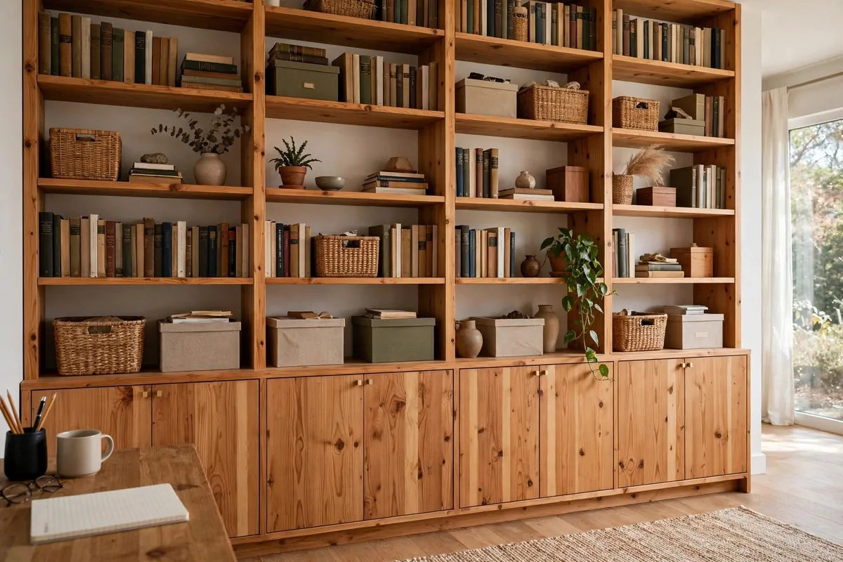 Wooden IVAR shelving unit covering an office wall with boxes and folders