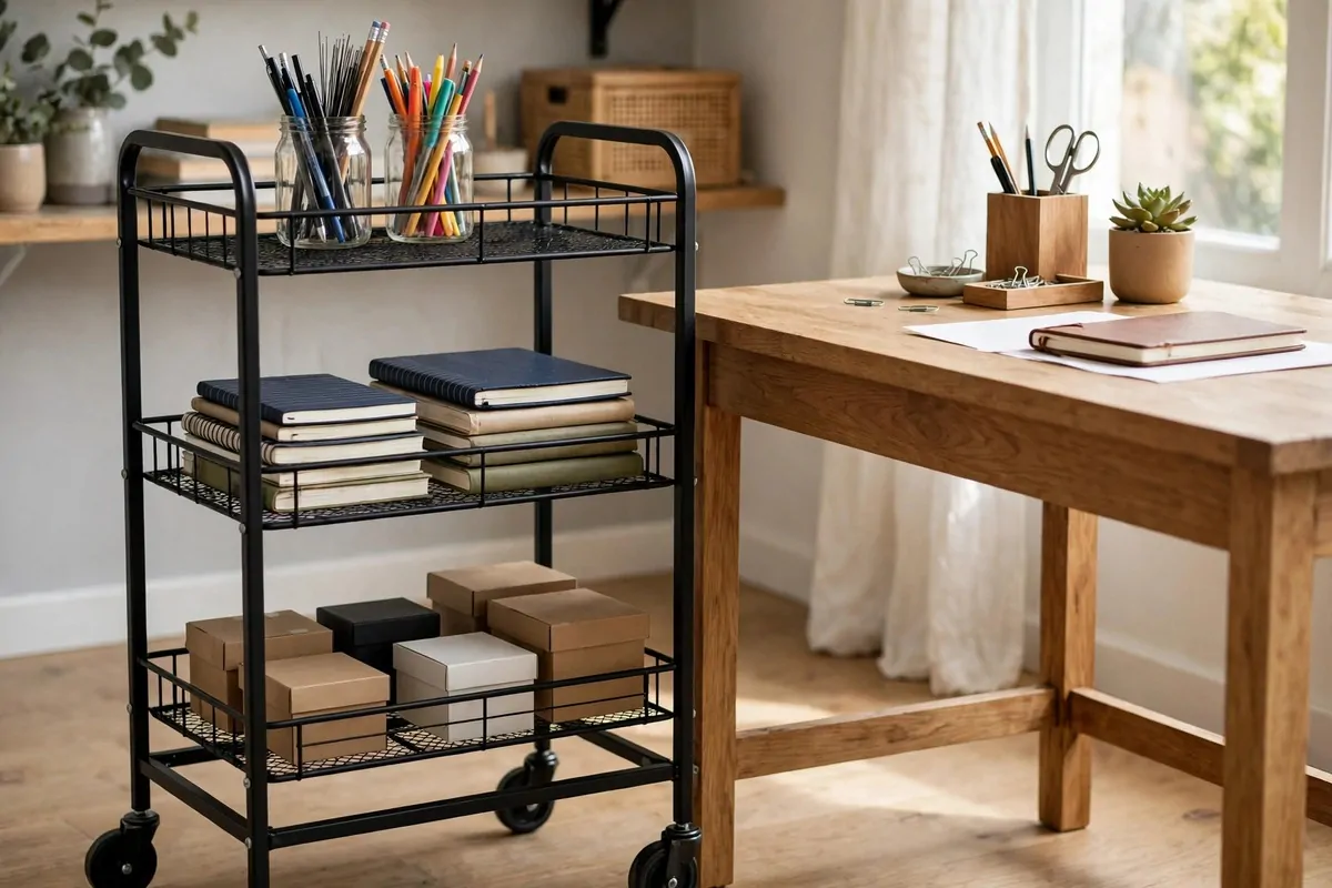 Black RASKOG three-tier rolling cart beside a desk with craft and office supplies