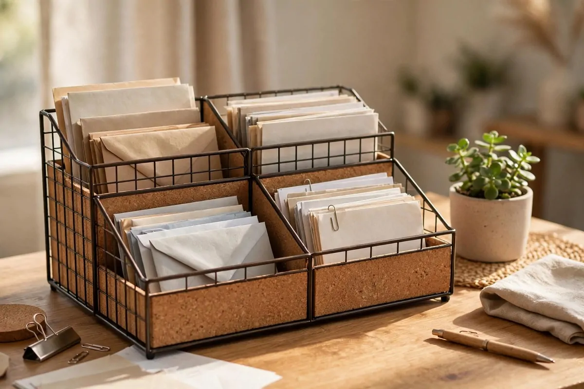 KVISSLE desk organizer trays sorting mail and documents on an office desk