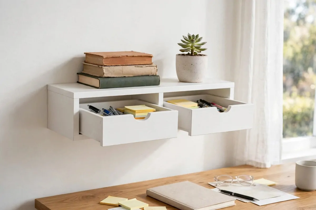 EKBY ALEX wall shelf with built-in drawers above a home office desk