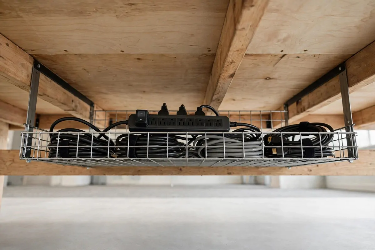 Under-desk view of a SIGNUM cable tray holding power strips and cords neatly