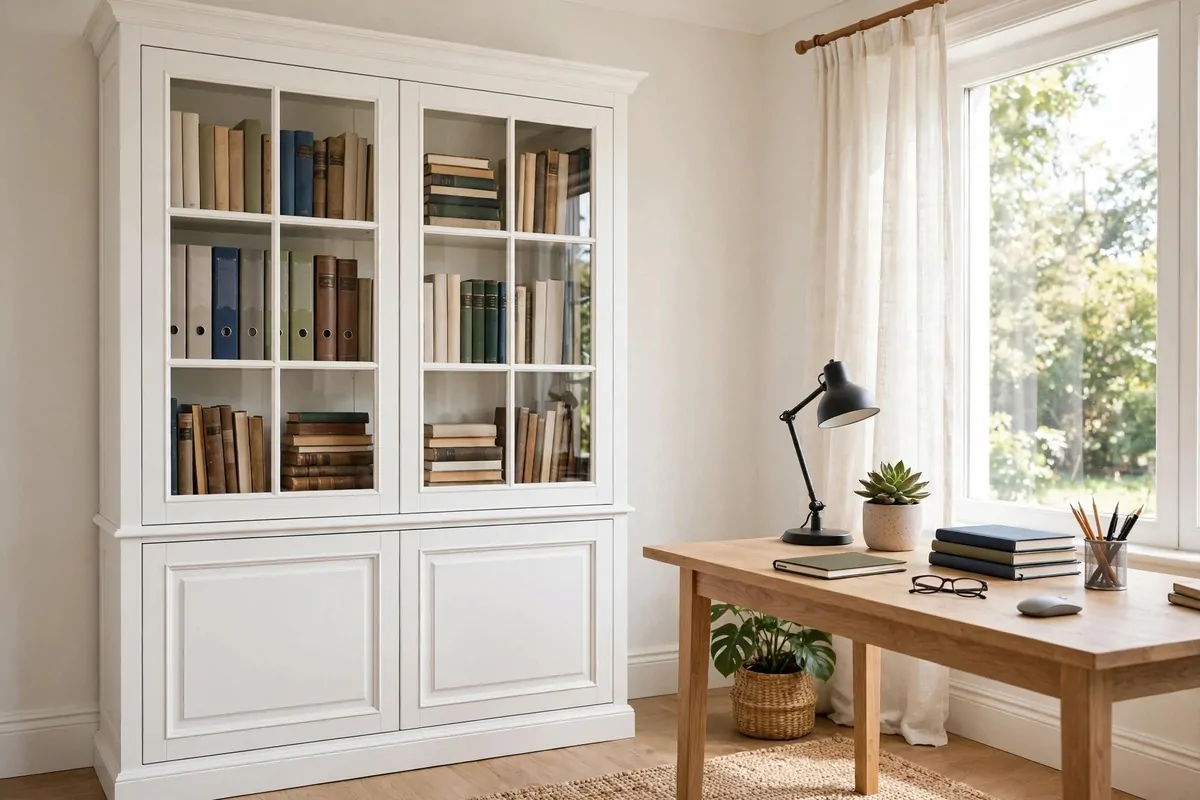 White BILLY bookcase with OXBERG glass and panel doors full of office books