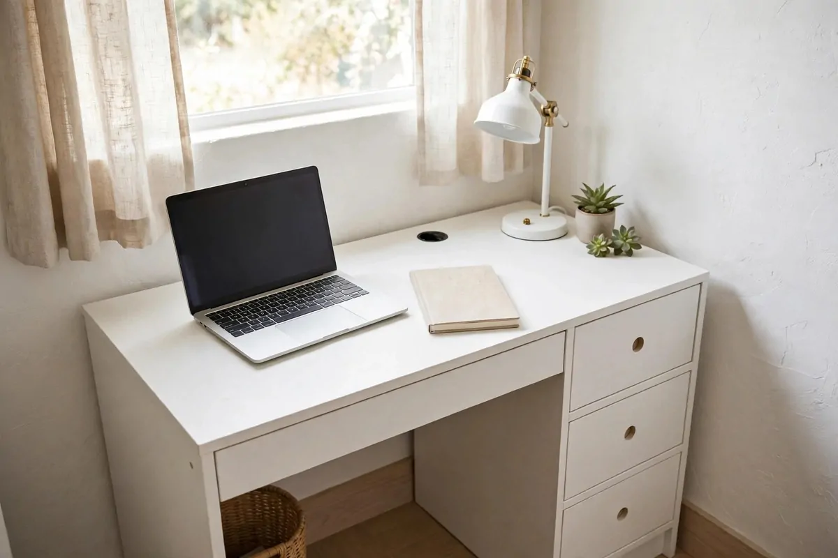 White MICKE desk with integrated drawers and cable outlet in a small home office