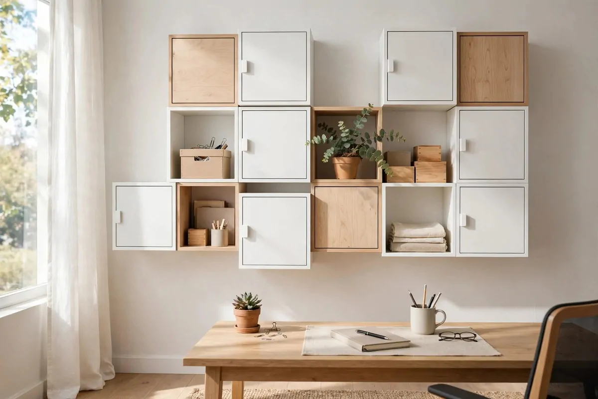 Colorful EKET wall cabinets mounted in a grid above a desk workspace