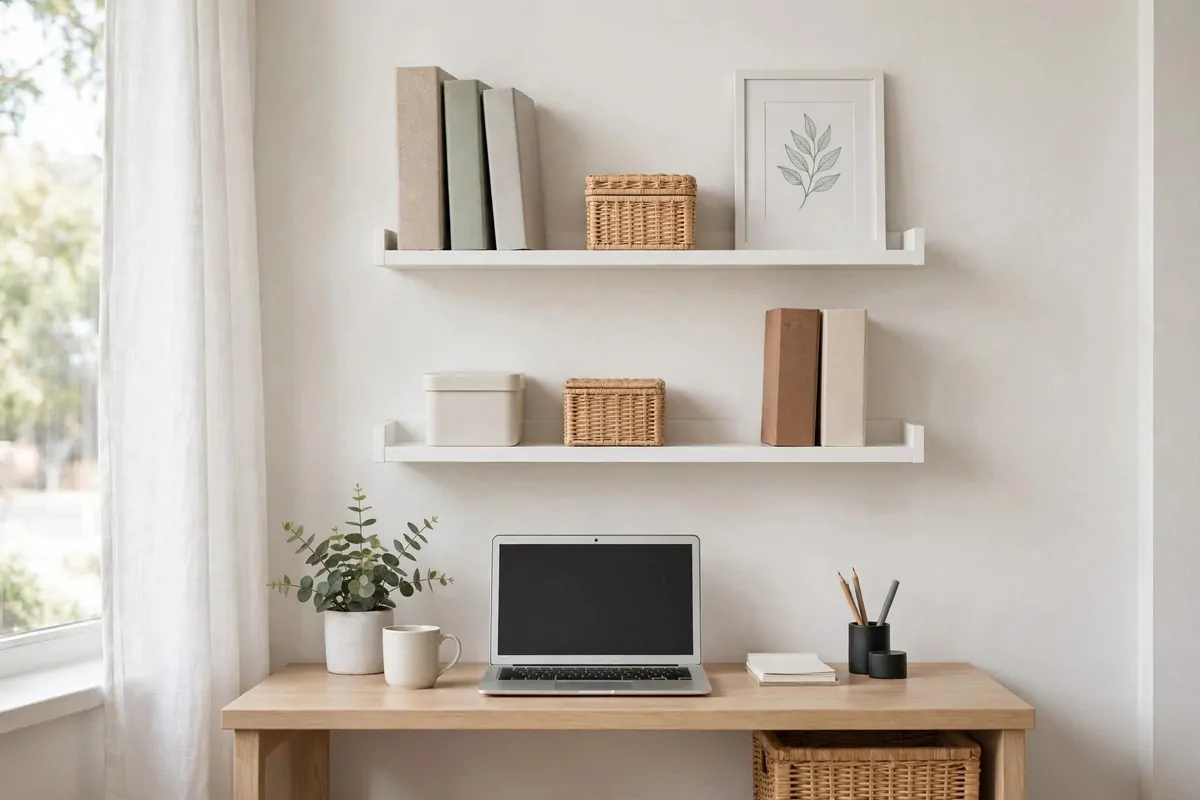 MOSSLANDA picture ledges on an office wall holding framed prints and small boxes