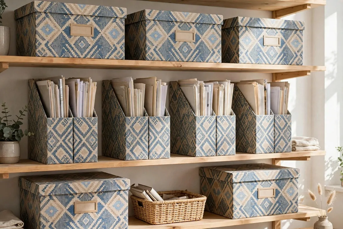 TJENA storage boxes and magazine files organizing papers on office shelves