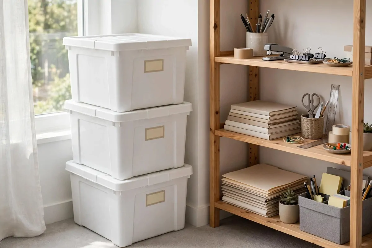Stacked SOCKERBIT white storage boxes with lids in a home office corner