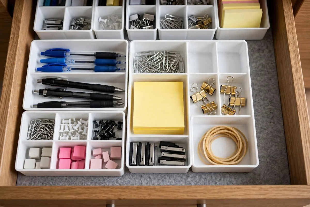 Open desk drawer with GLIS compartment boxes dividing pens, clips and small items