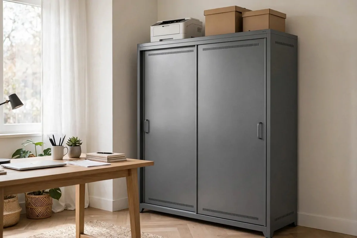 Gray IDASEN metal cabinet with sliding doors in a modern home office