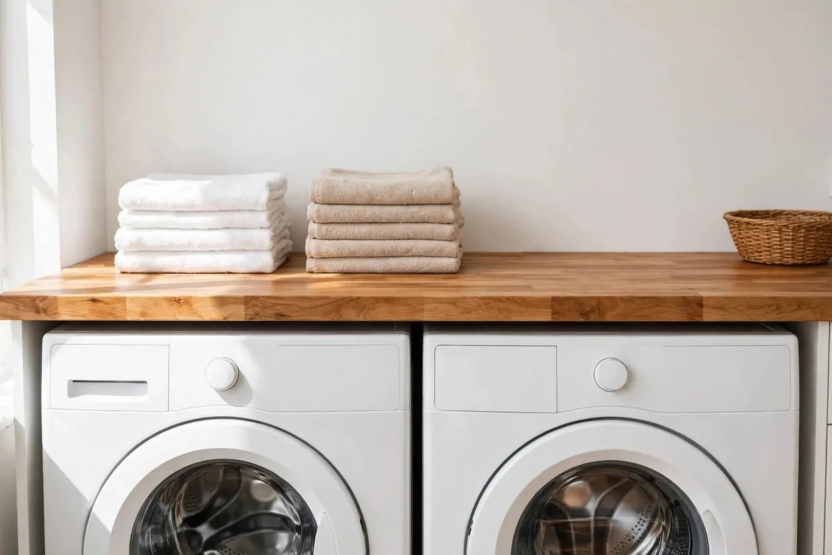 19 Laundry Room Ideas That Make Laundry Day Almost Fun 1 Butcher block countertop installed over a front-loading washer and dryer with neatly folded towels on top