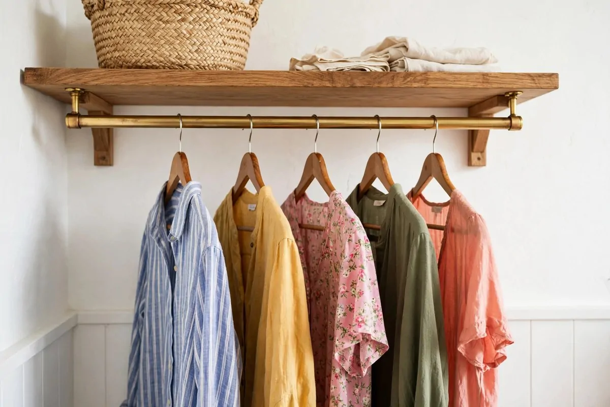 19 Laundry Room Ideas That Make Laundry Day Almost Fun 2 Brass hanging rod mounted under a wooden shelf in a laundry room with shirts on hangers