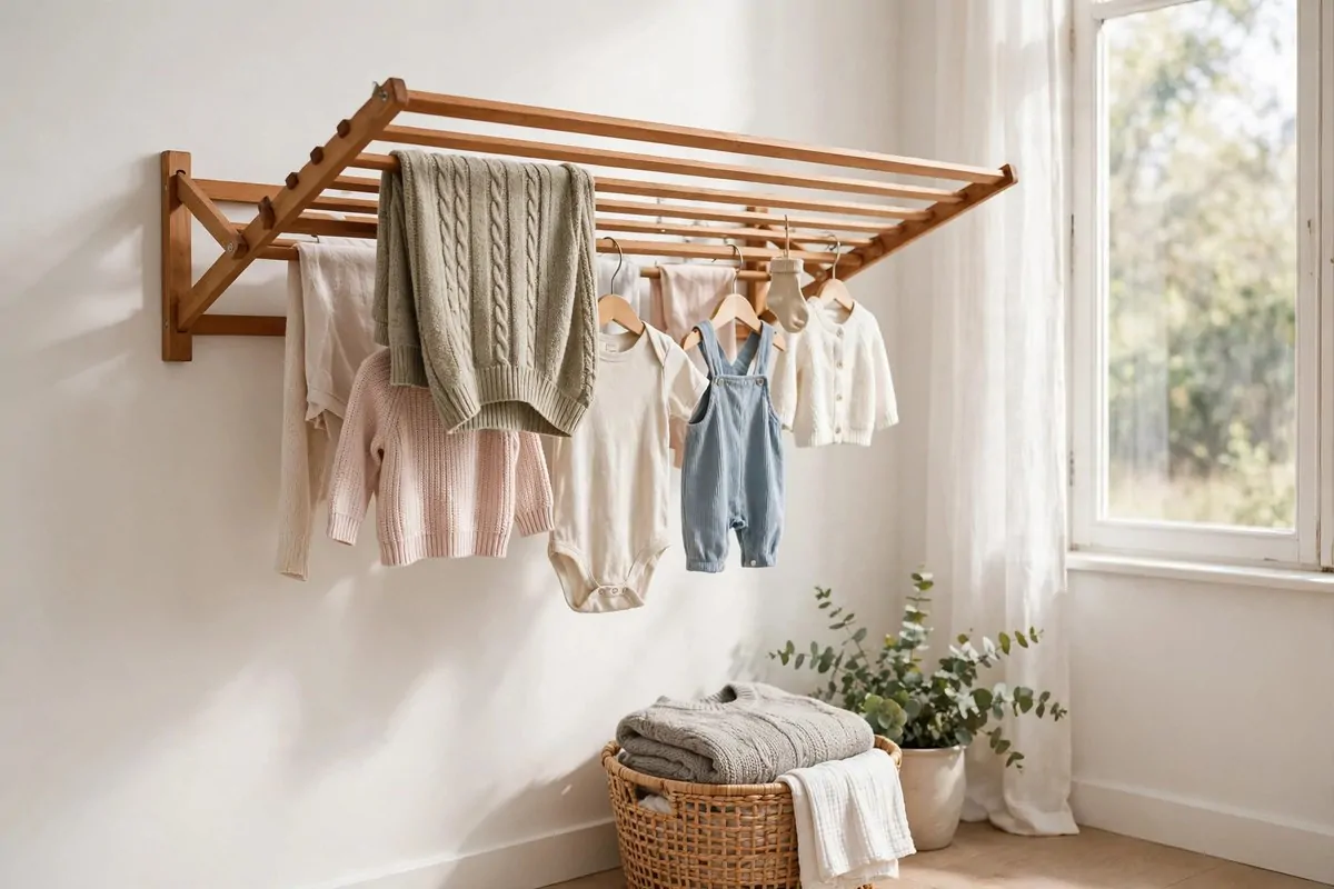 19 Laundry Room Ideas That Make Laundry Day Almost Fun 3 Wall-mounted fold-down wooden drying rack in a laundry room with clothes air-drying on it