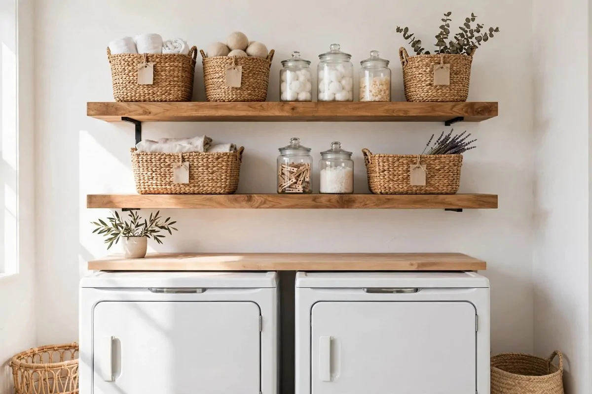 19 Laundry Room Ideas That Make Laundry Day Almost Fun 4 Open wooden shelves above a washer and dryer holding woven baskets and glass jars