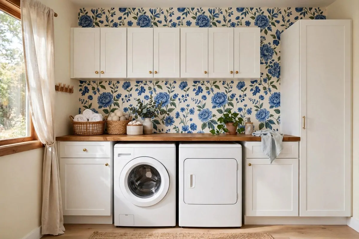 19 Laundry Room Ideas That Make Laundry Day Almost Fun 5 Laundry room with bold floral wallpaper accent wall behind white cabinets
