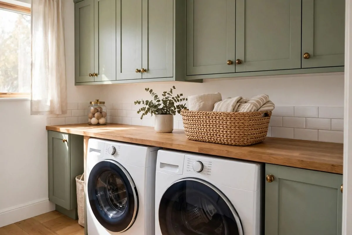 19 Laundry Room Ideas That Make Laundry Day Almost Fun 6 Laundry room with sage green painted cabinets and brass knobs