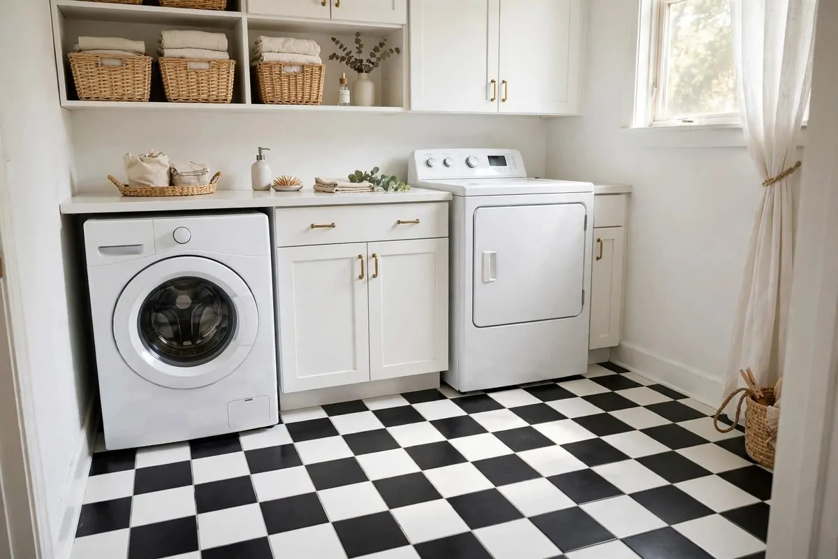19 Laundry Room Ideas That Make Laundry Day Almost Fun 7 Laundry room with black and white checkerboard tile floor