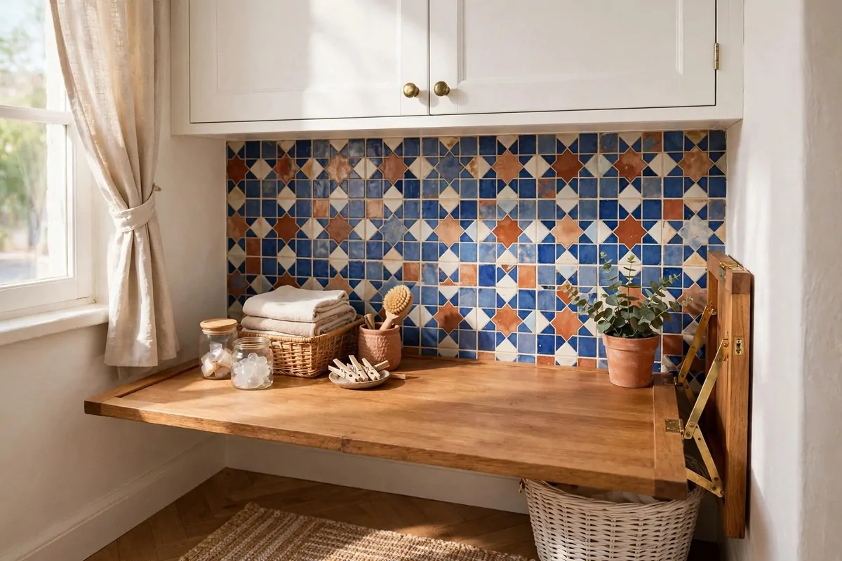 19 Laundry Room Ideas That Make Laundry Day Almost Fun 8 Laundry room backsplash with colorful patterned star tiles behind a folding counter