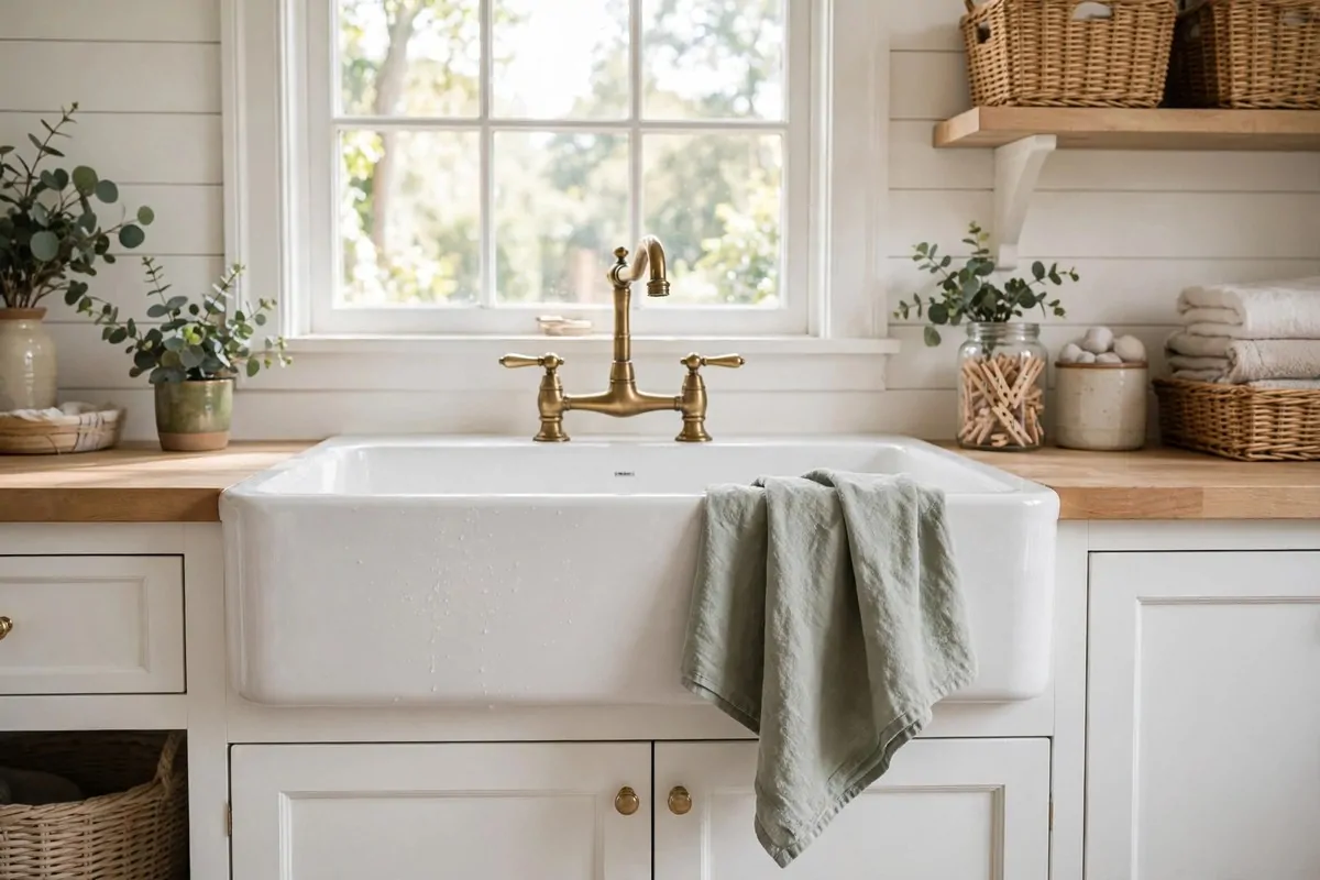 19 Laundry Room Ideas That Make Laundry Day Almost Fun 9 White farmhouse apron-front sink with brass faucet in a laundry room