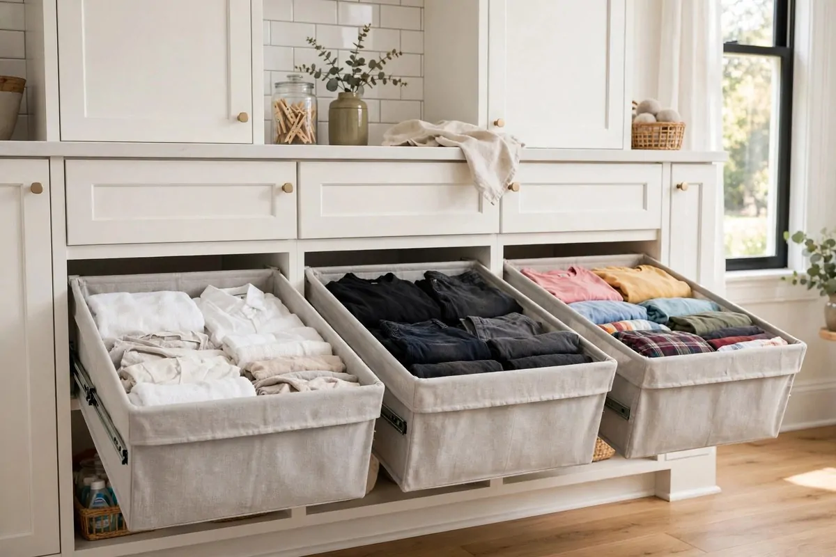 19 Laundry Room Ideas That Make Laundry Day Almost Fun 10 Built-in laundry cabinet with three pull-out sorting hampers in a laundry room
