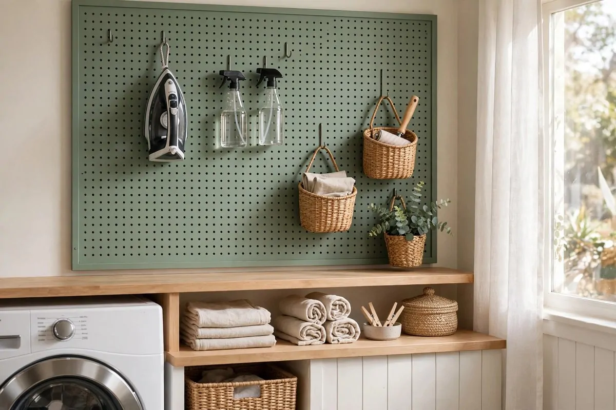 19 Laundry Room Ideas That Make Laundry Day Almost Fun 11 Pegboard wall in a laundry room with hooks holding an iron, spray bottles and lint rollers