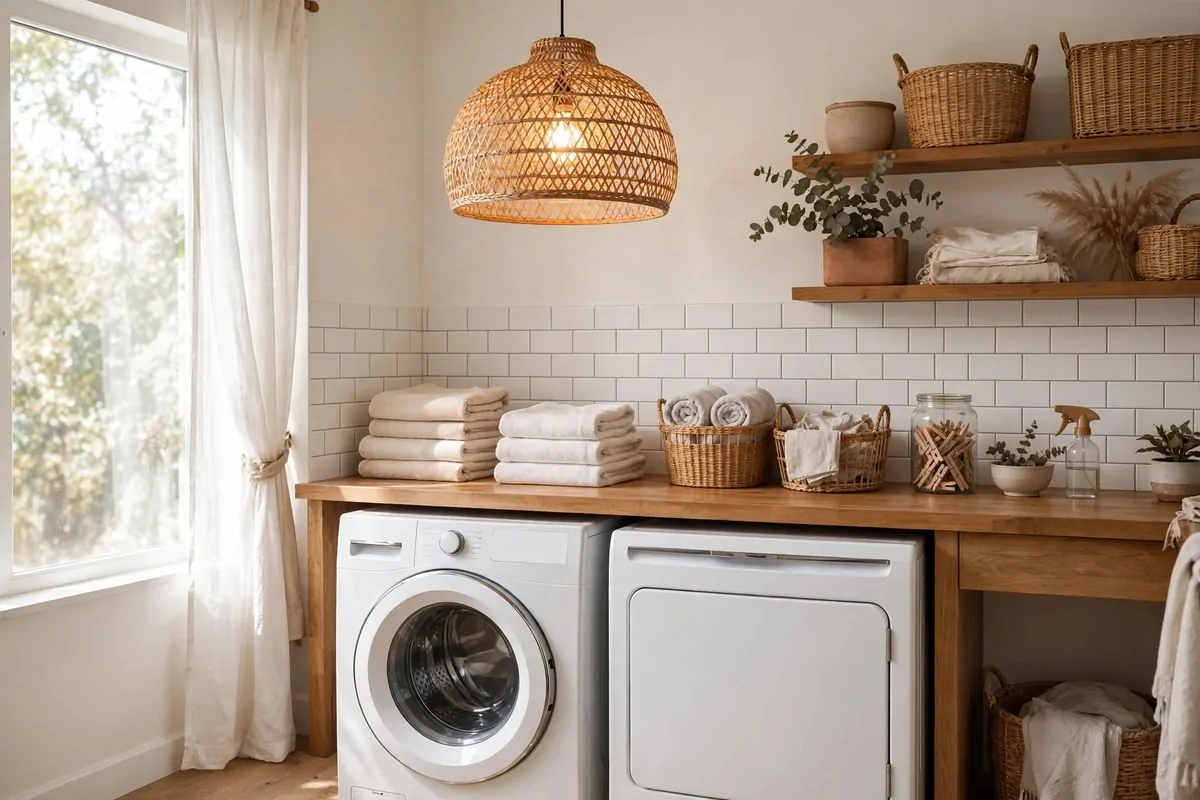 19 Laundry Room Ideas That Make Laundry Day Almost Fun 12 Woven rattan pendant light hanging over a laundry folding counter