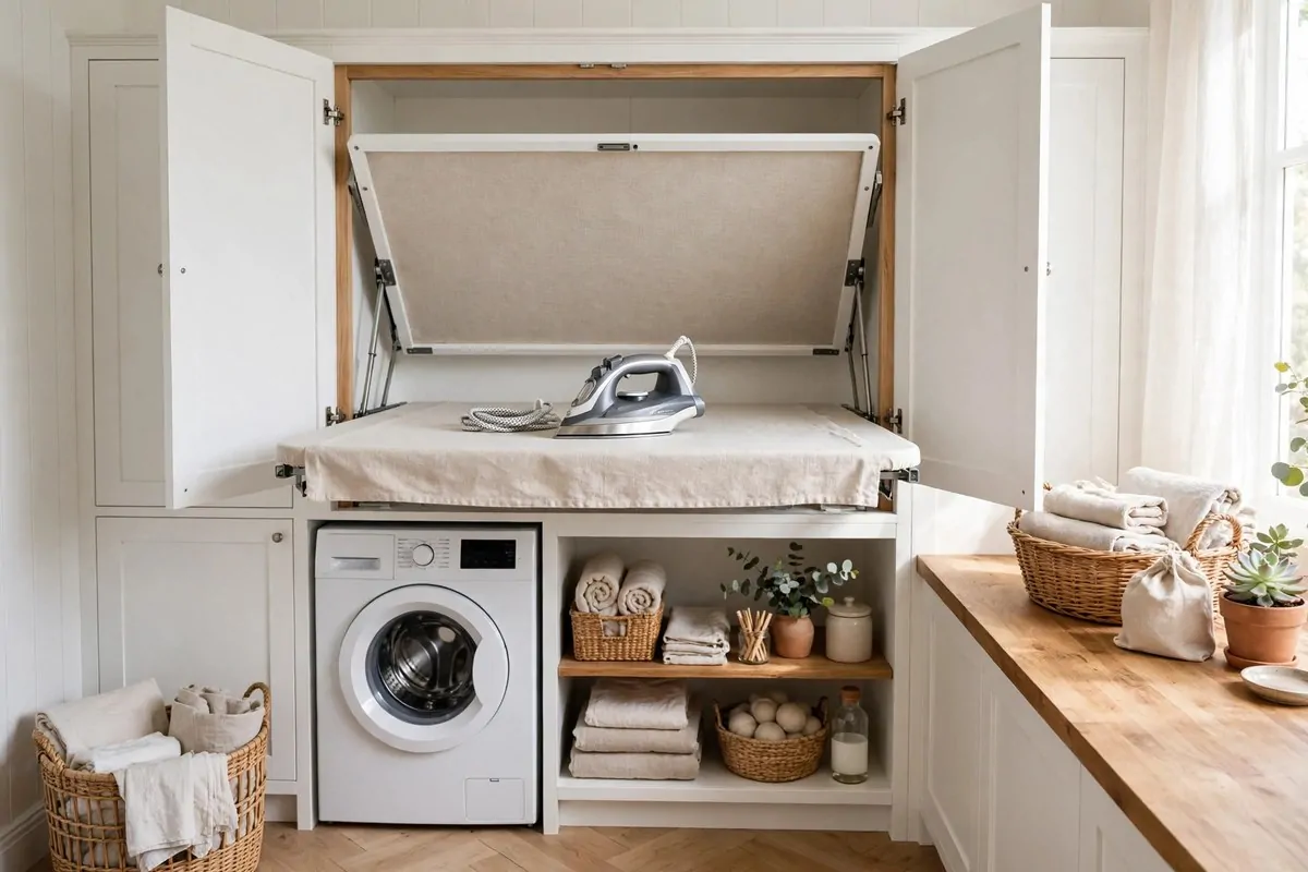 19 Laundry Room Ideas That Make Laundry Day Almost Fun 13 Fold-out ironing board built into a wall cabinet in a laundry room, opened for use