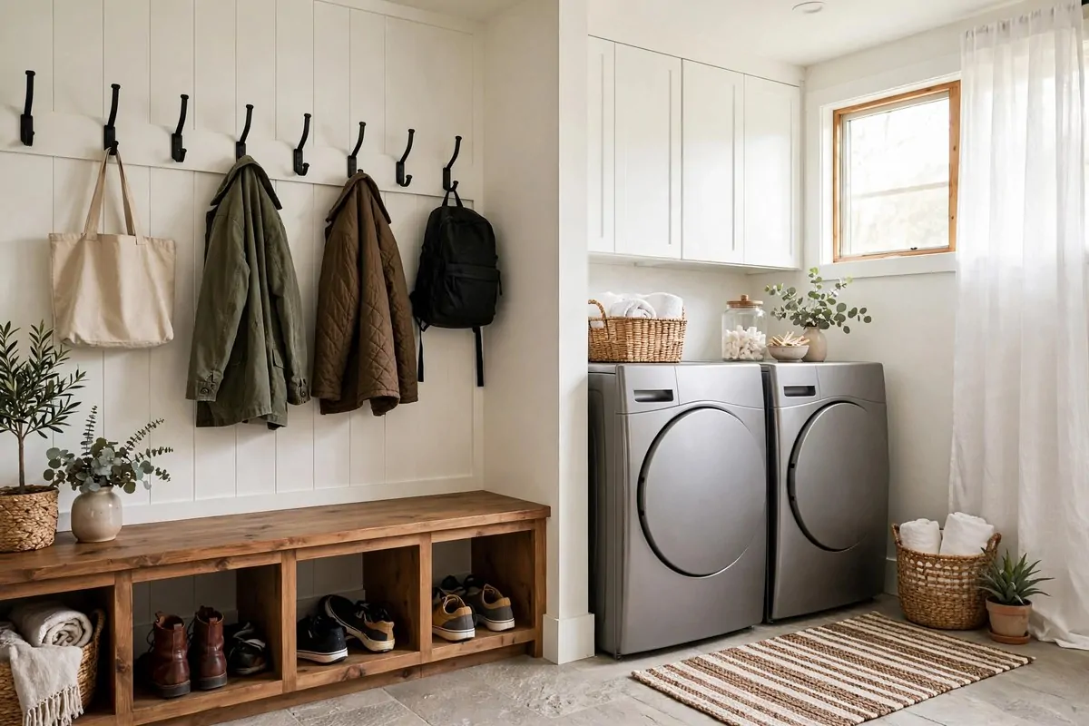 19 Laundry Room Ideas That Make Laundry Day Almost Fun 14 Laundry room and mudroom combo with a wooden bench, shoe cubbies and wall hooks