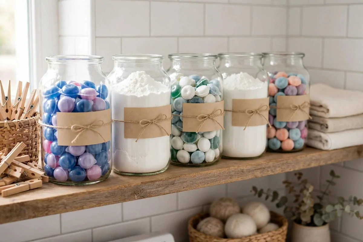 19 Laundry Room Ideas That Make Laundry Day Almost Fun 15 Glass jars filled with laundry detergent pods and powder on a laundry room shelf with labels