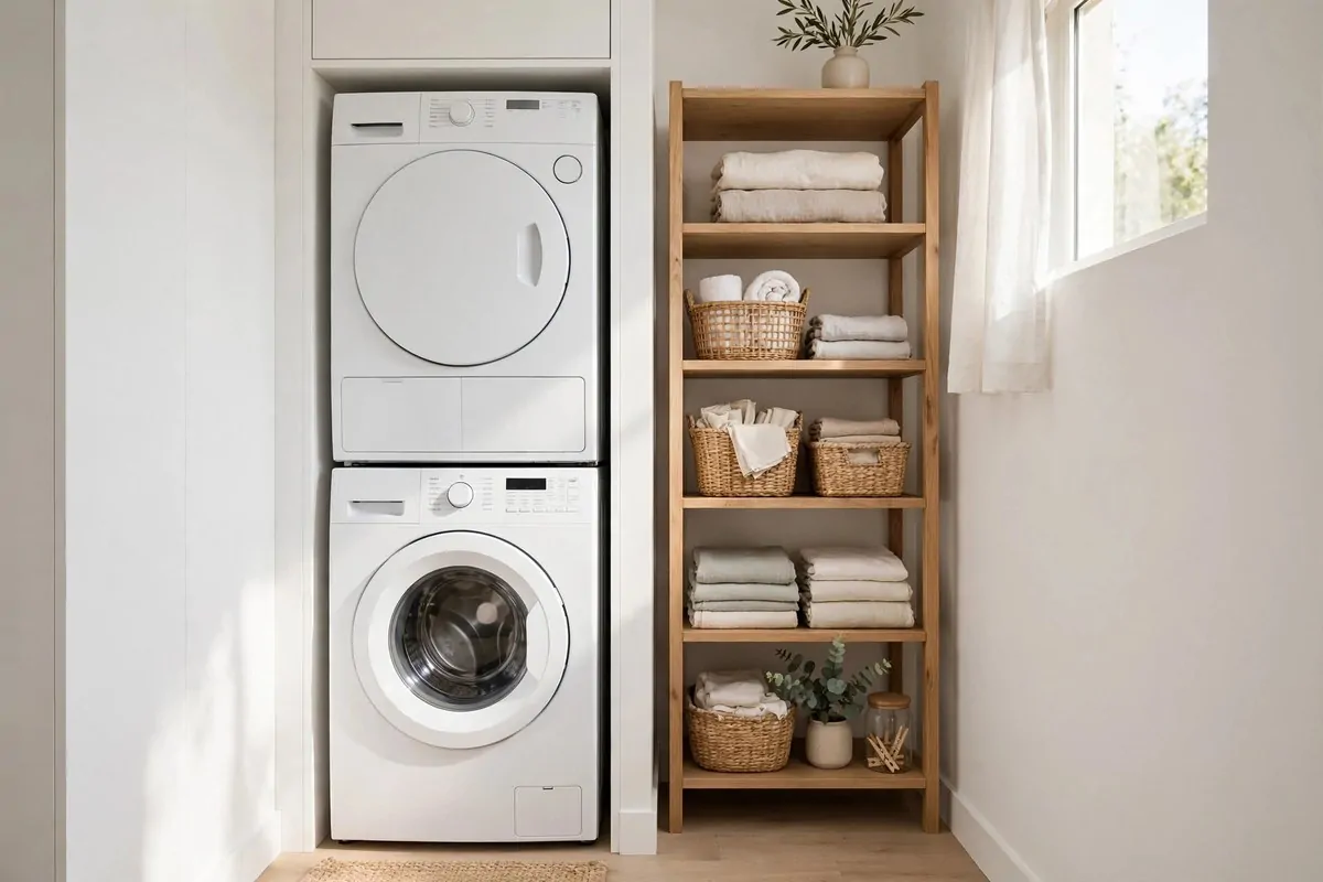 19 Laundry Room Ideas That Make Laundry Day Almost Fun 16 Stacked washer and dryer in a narrow laundry nook with a shelving tower beside them