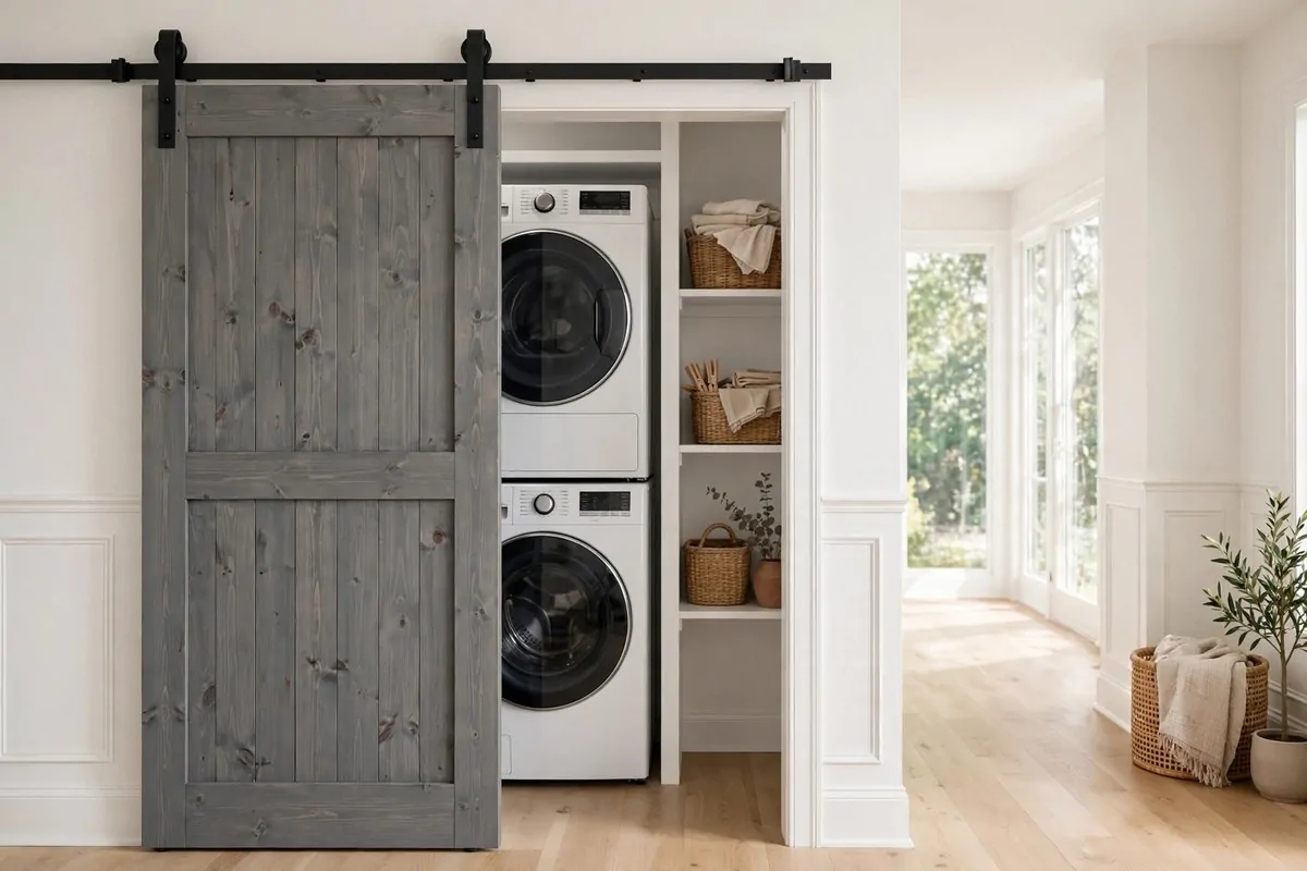 19 Laundry Room Ideas That Make Laundry Day Almost Fun 17 Sliding barn door partially covering a laundry closet with stacked machines inside