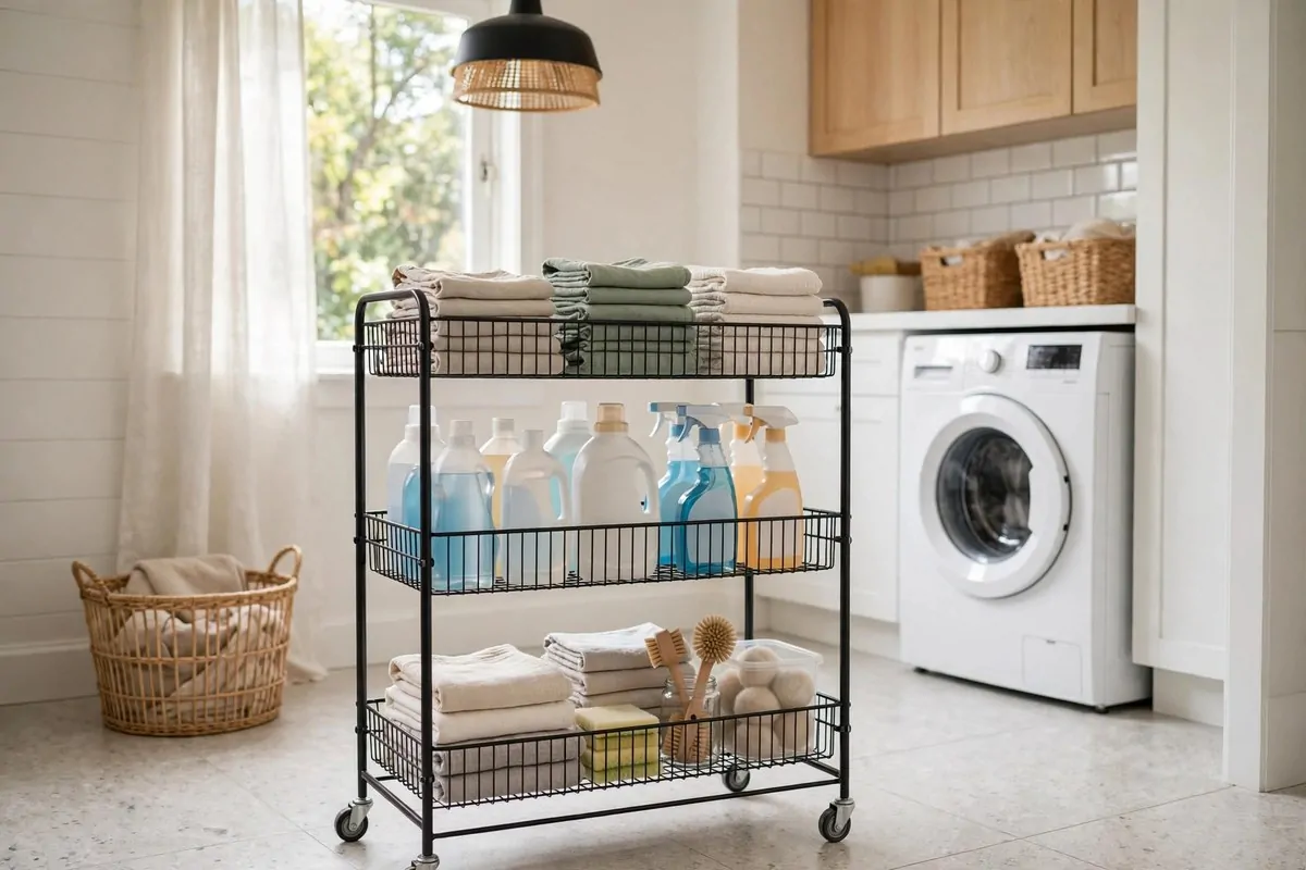 19 Laundry Room Ideas That Make Laundry Day Almost Fun 18 Three-tier rolling metal storage cart with laundry supplies in a bright laundry room