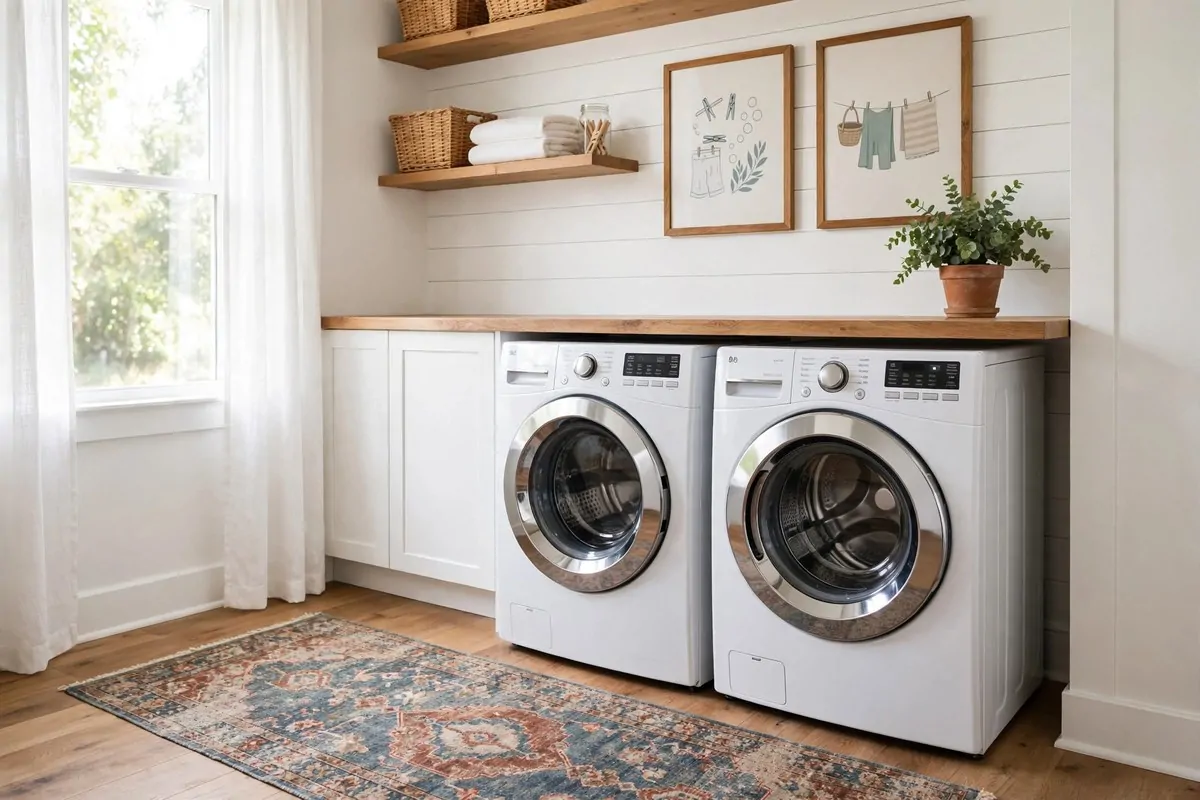 19 Laundry Room Ideas That Make Laundry Day Almost Fun 19 Vintage patterned rug runner on a laundry room floor with framed laundry-themed art on the wall