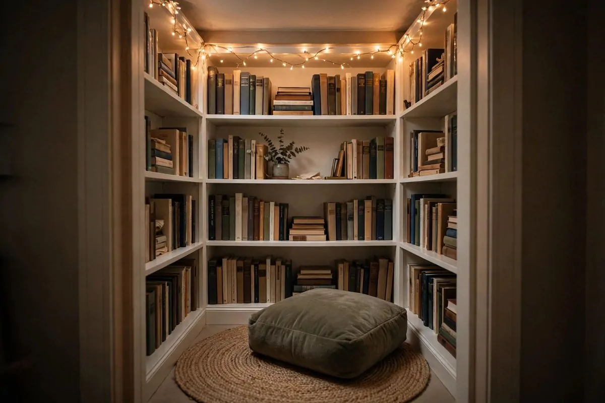 19 Library at Home Room Ideas for Every Budget 1 Small closet turned into a mini home library with book shelves and warm string lights