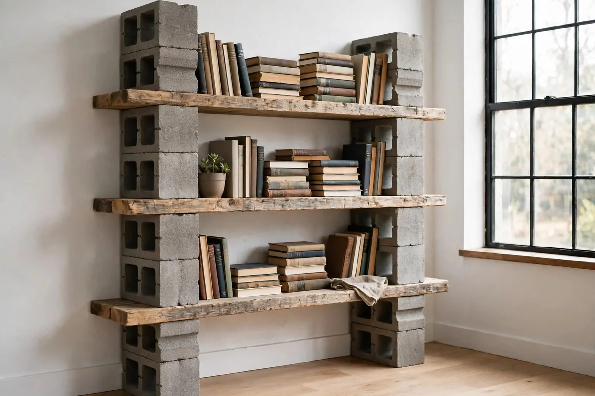 19 Library at Home Room Ideas for Every Budget 2 Industrial bookshelf made of gray cinder blocks and wooden planks filled with books