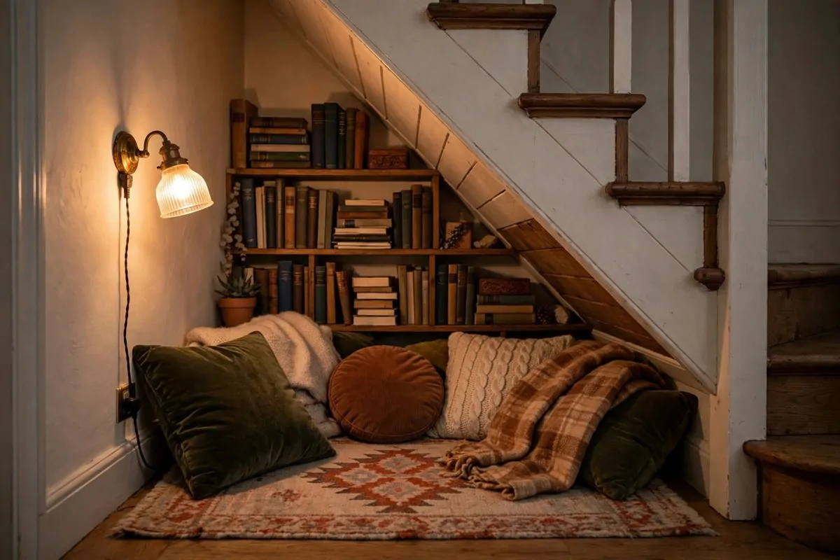 19 Library at Home Room Ideas for Every Budget 3 Cozy reading nook tucked under a staircase with small bookshelves and a warm lamp