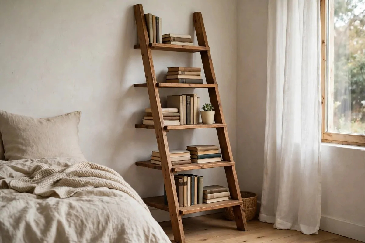 19 Library at Home Room Ideas for Every Budget 4 Wooden leaning ladder shelf against a wall filled with books and a small plant