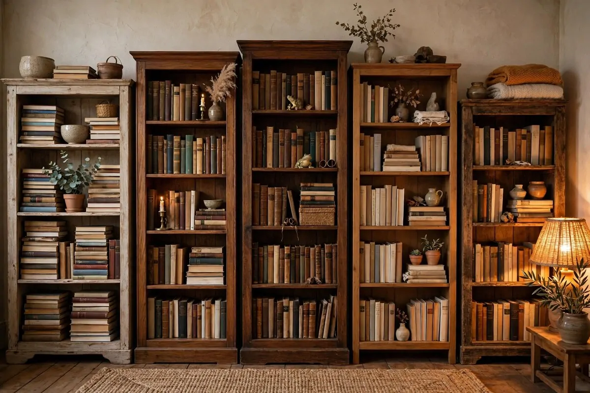 19 Library at Home Room Ideas for Every Budget 5 Wall of mismatched secondhand wooden bookcases filled with books in a cozy room