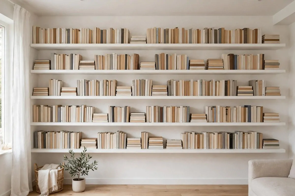 19 Library at Home Room Ideas for Every Budget 6 White floating shelves running up to the ceiling filled with books in a bright room