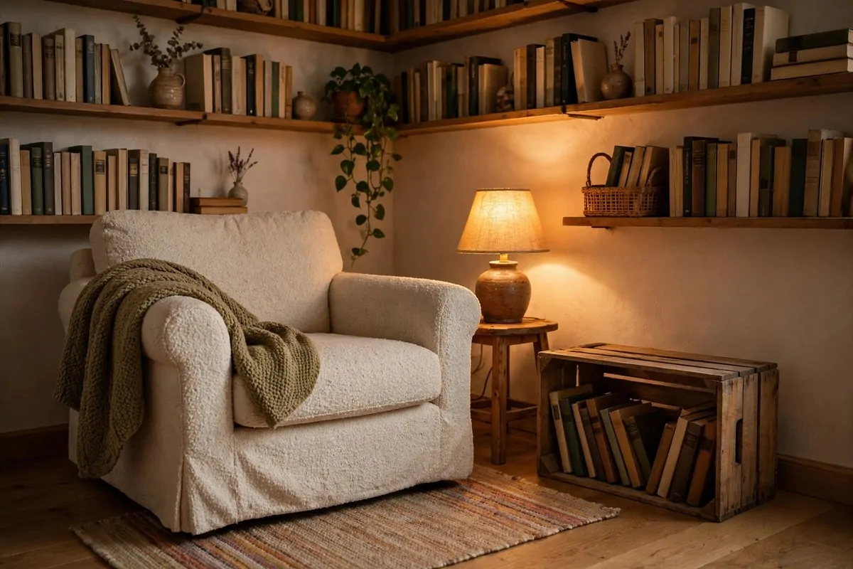 19 Library at Home Room Ideas for Every Budget 7 Single living room corner with an armchair, small side table with lamp and a wooden crate of books