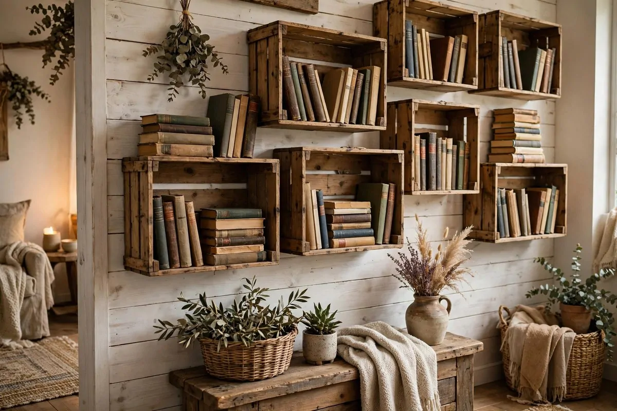 19 Library at Home Room Ideas for Every Budget 8 Wooden wine crates mounted on a wall as rustic bookshelves filled with books