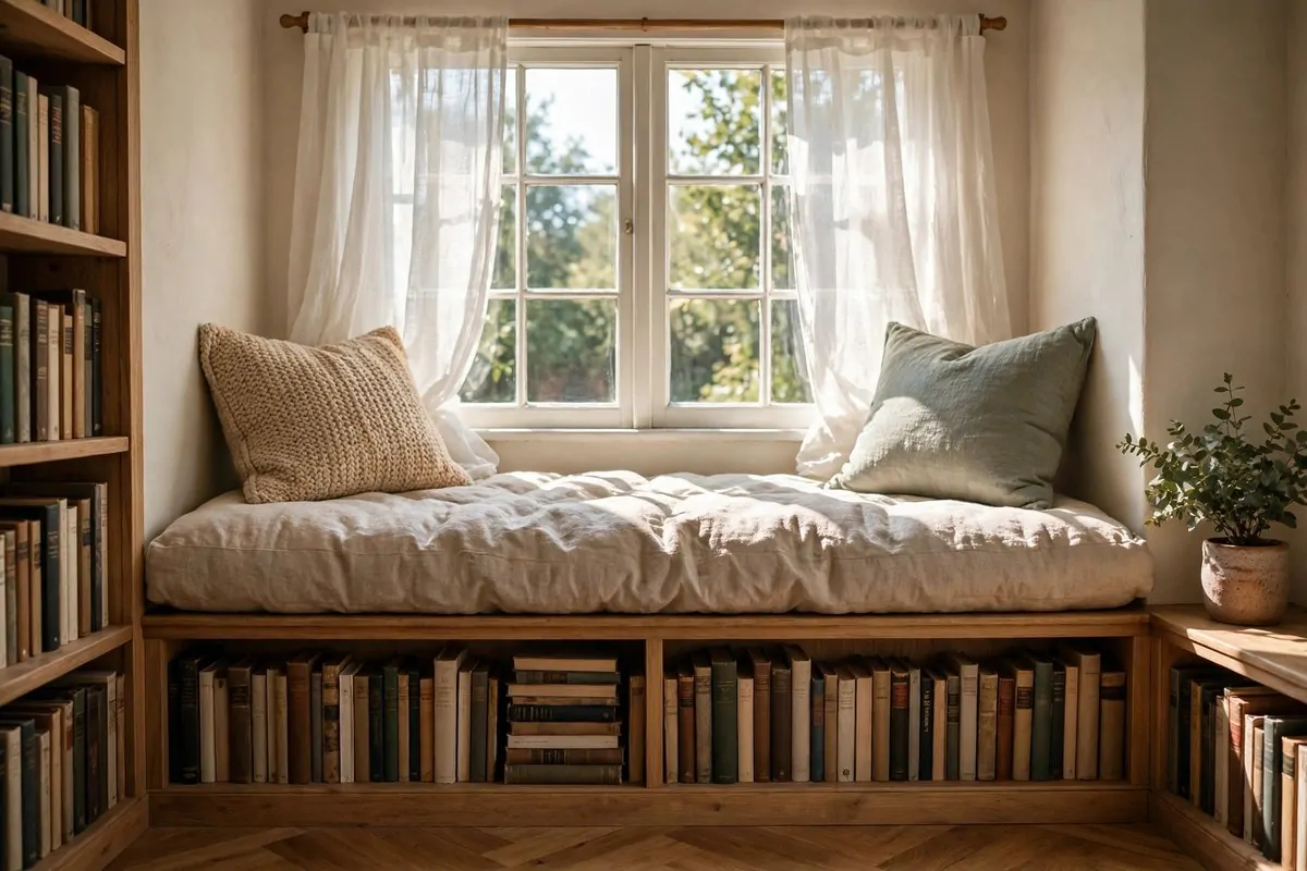 19 Library at Home Room Ideas for Every Budget 9 Window seat with a cushion and low bookshelves underneath filled with books