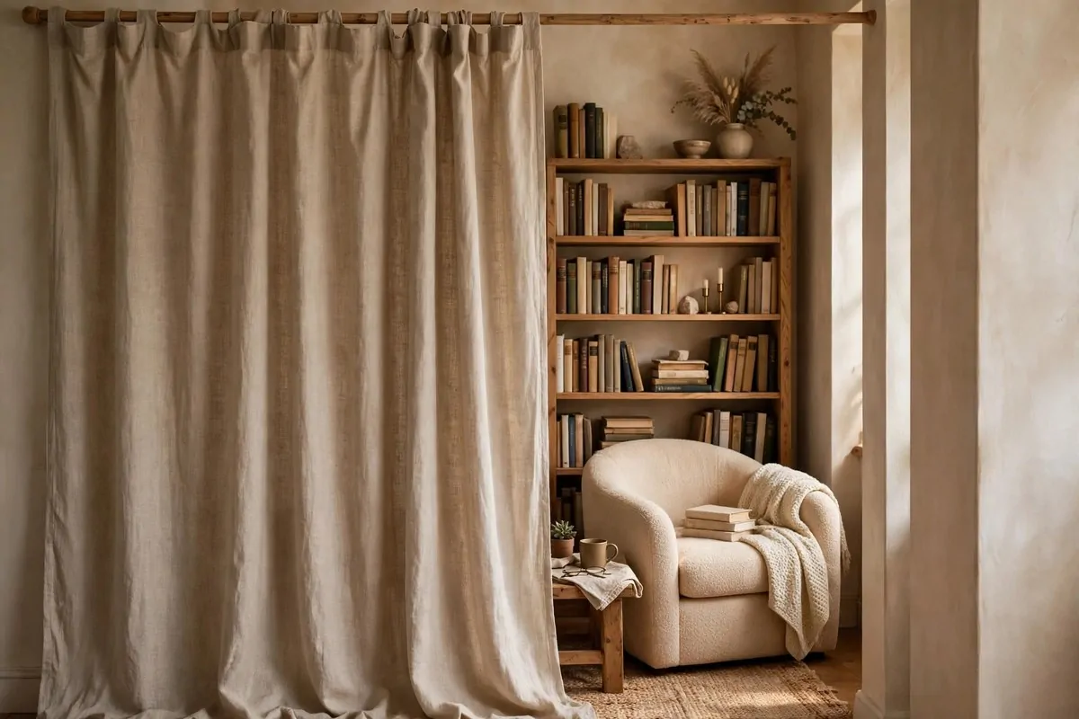 19 Library at Home Room Ideas for Every Budget 10 Reading corner separated by a beige curtain with a bookshelf and armchair behind it