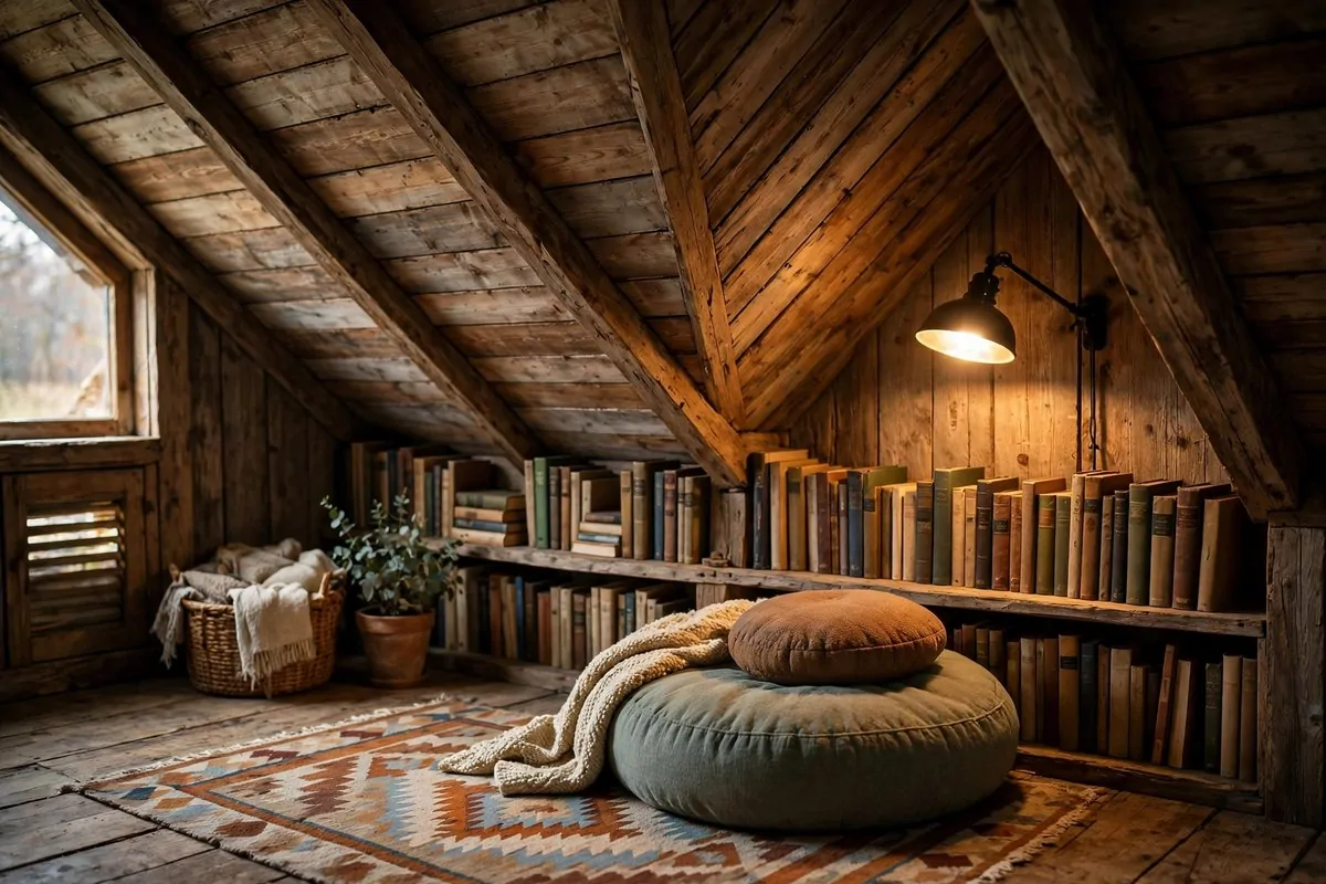 19 Library at Home Room Ideas for Every Budget 11 Attic reading corner with sloped ceiling, low bookshelves and a swing-arm wall lamp