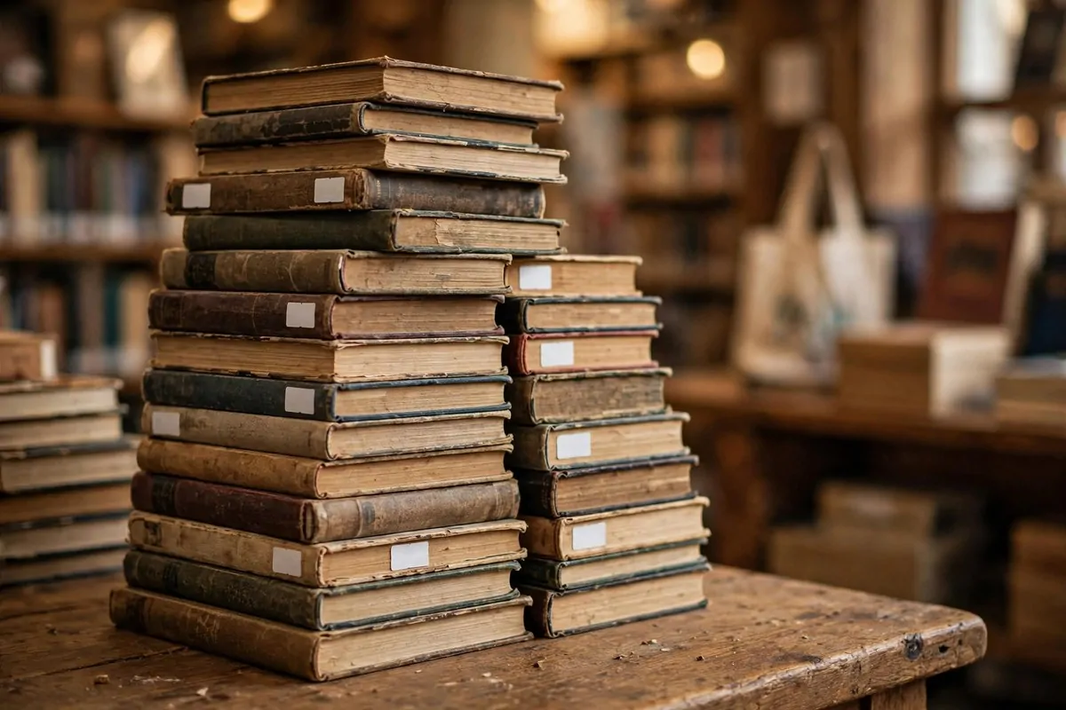 19 Library at Home Room Ideas for Every Budget 12 Stack of secondhand books with price tags on a table at a library sale