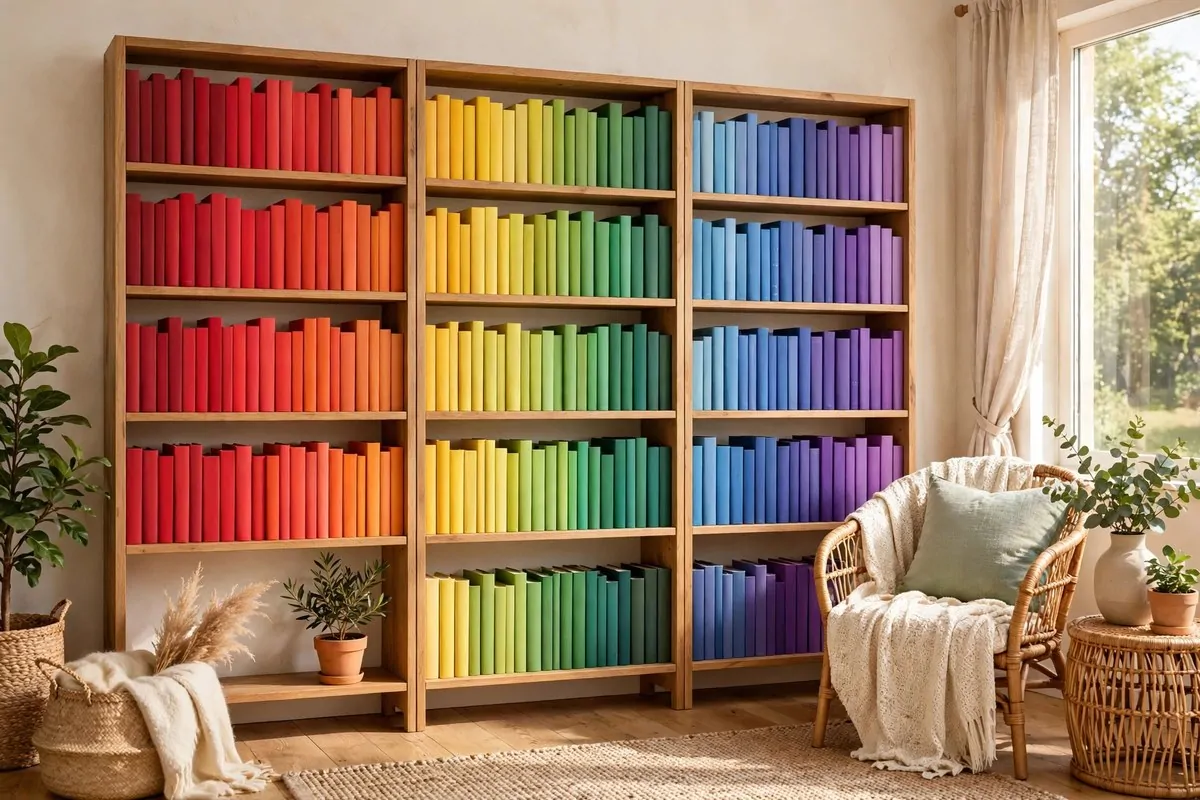 19 Library at Home Room Ideas for Every Budget 13 Bookshelf organized by color in a rainbow order