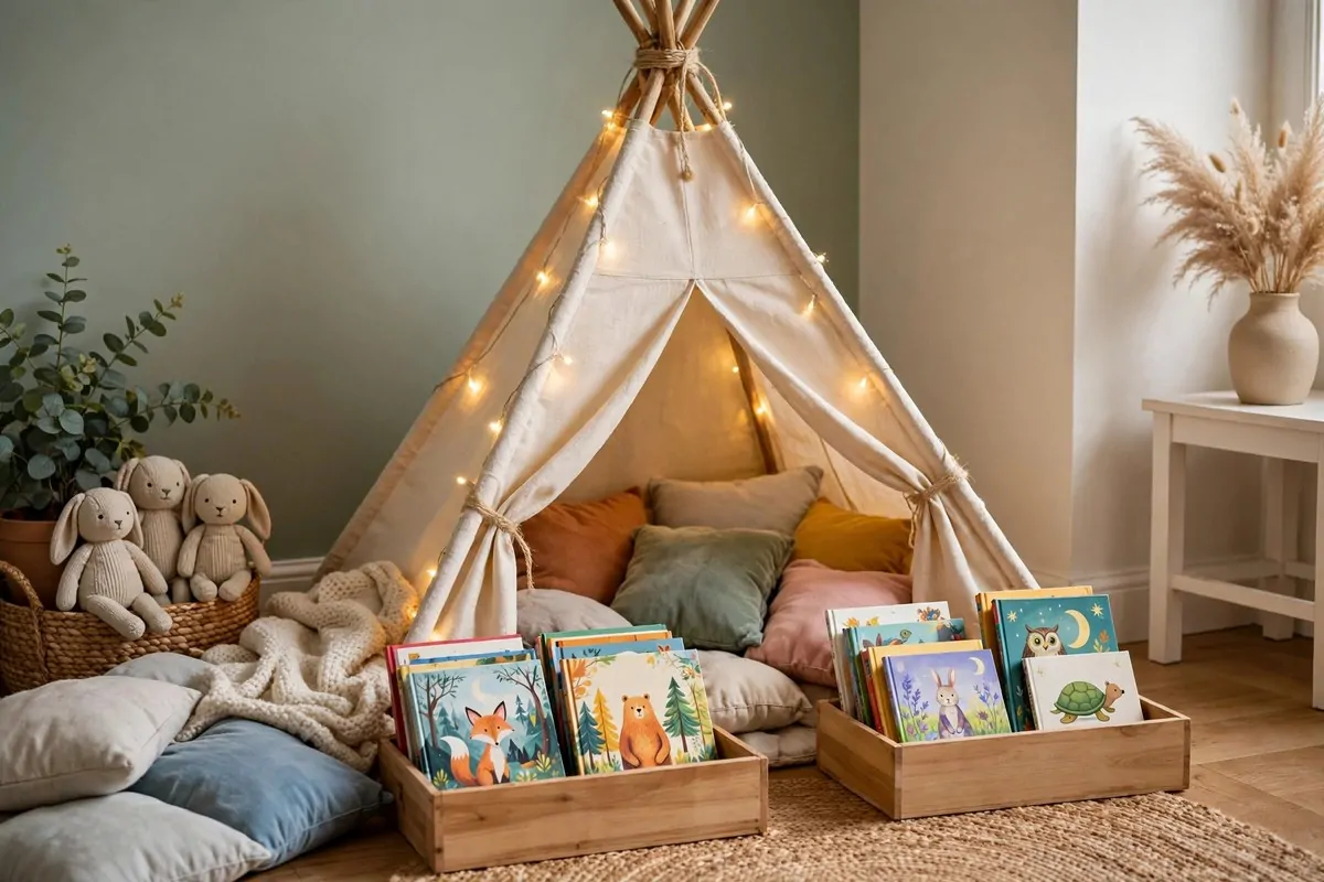 19 Library at Home Room Ideas for Every Budget 14 Kids reading teepee tent with cushions and picture books inside